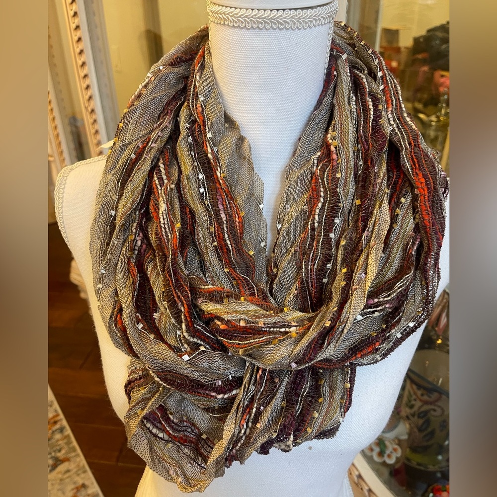 Neutral Taupe Infinity Scarf with Rust and Gold Accents - Picture 2 of 8